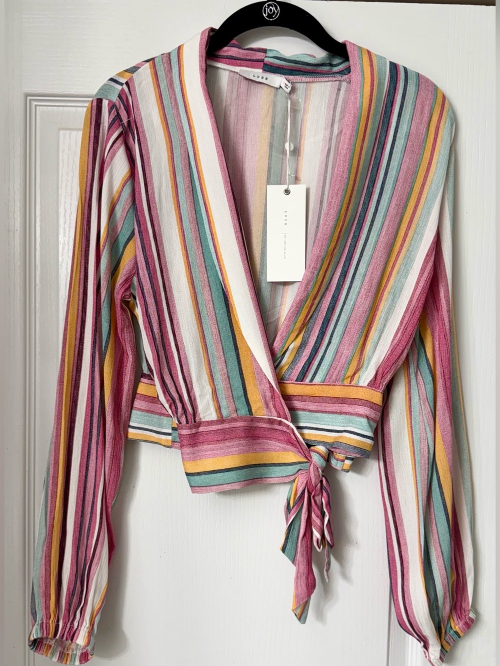 Lush Pink Multi-Stripe Tie-Front Wrap Blouse